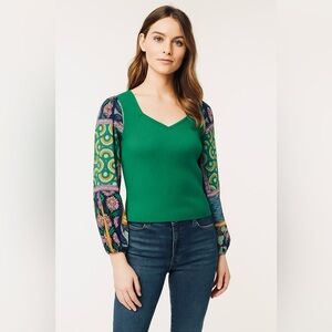 Bailey/44 Women's Medium Stretch Ribbed Patchwork Sleeve Blouse Top Green